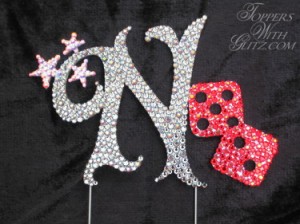 Vegas Cake Topper  Font : Elvis (custom) Colors: Crystal AB (stars), Black Diamond, Black Diamond AB (N), Lt Siam, Lt Siam AB (dice)