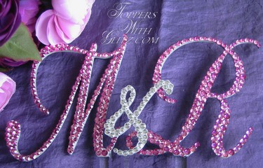 Monogram cake topper with Rose, Fuchsia and Crystal